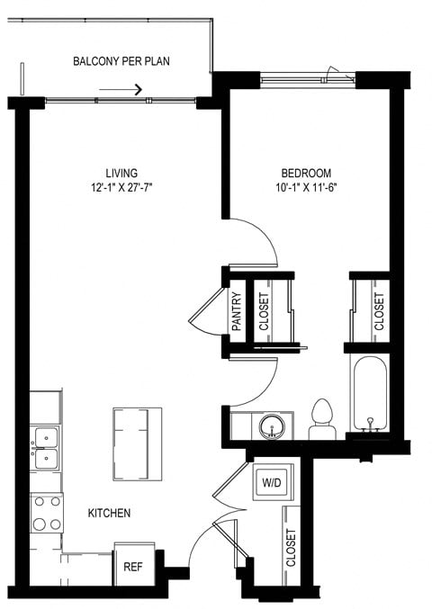 Floor plan for 1 bed, 1 bath, 654 sqft